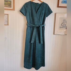 MNG Suit Chic Cropped Romper Jumpsuit Teal Faux-Suede Belted V-neck